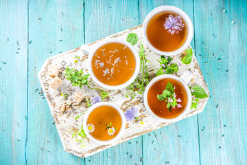 Different herbal tea set. Various  cups with organic herbal, flower tea - camomile, chicory, melissa mint, lavender. Organic natural drinks concept. Health and immunity care beverages