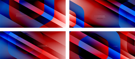 Set of hexagon geometric shapes and fluid gradients with 3d shadow and light straight lines, minimal abstract backgrounds