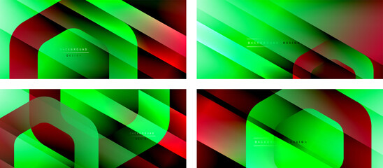 Fototapeta premium Set of hexagon geometric shapes and fluid gradients with 3d shadow and light straight lines, minimal abstract backgrounds