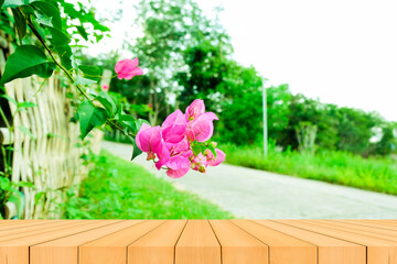 Wooden board template with pink floral and view blured design in background