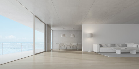 Modern room with concrete materials and wooden floor, large window on sea background. 3d render.