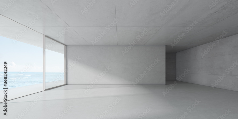 Poster Modern empty room with concrete floor and large window on sea background. 3d render.