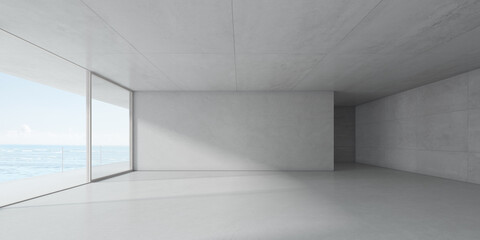Modern empty room with concrete floor and large window on sea background. 3d render. - obrazy, fototapety, plakaty