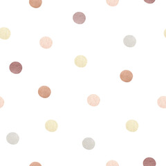 Watercolor abstract seamless pattern with pastel geometric shapes. Freehand aesthetic background with polka dot. Round drop collage perfect for baby fabric textile, wrapping paper, cover, wallpaper