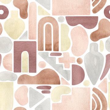 Fototapeta Watercolor seamless pattern with abstract shapes in warm pastel colors, pink, ocher, terracotta, gold. Aesthetic modern background with freehand geometric forms. Stile design for textile, wallpaper.
