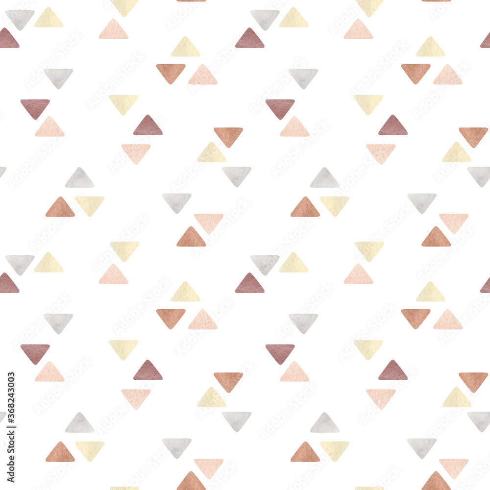 Wall mural Watercolor abstract seamless pattern with geometric shape in pastel color. Freehand aesthetic background with triangles. Mosaic collage perfect for baby fabric textile, wrapping paper, cover wallpaper