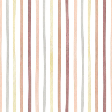 Fototapeta Watercolor abstract seamless pattern with geometric lines in pastel colors. Freehand striped aesthetic background. Linear collage perfect for baby fabric, textile, wrapping paper, cover, wallpaper