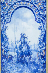 Portuguese Azulejos depicting typical regional scenes and monument on the facade of Santarem...