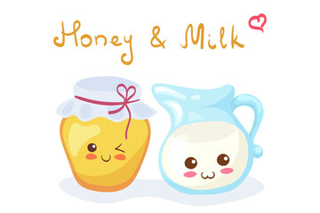 Kawaii vector illustration with Honey Jar & Milk Jug characters isolated on white background. Funny, happy & smiling food cartoon elements with hand drawn lettering. Cute doodle mascot for spa salon.