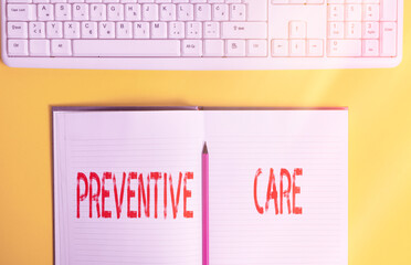 Handwriting text Preventive Care. Conceptual photo the care you receive to prevent illnesses or diseases Copy space on notebook above yellow background with keyboard on table