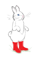 Cute Sketch Bunny with RCute Sketch Bunny with Red Boots. Beautiful and Adorable White Rabbit. Vector illustration. Free Hand Draw. Freehand Drawing. Sketched Portrait of a Cute Bunny. Cartooned Boots