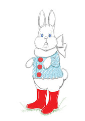 Beautiful and Adorable Small White Bunny with Knit Baby Sweater, Scarf and Red Boots. Vector illustration. Cute Sketch Rabbit. Free Hand Drawing. Freehand Sketch