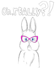 Cute Sketch Bunny with Fashion Glasses. Beautiful and Adorable Bunny. Cute White Rabbit. Freehand Vector Illustration. Hand Drawing. Kids style. Vector Sketch. Stylized Cartoon Face of Bunny