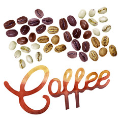 Watercolor set with coffee attributes. Coffee pot, cappuccino, Cup, berries and coffee beans