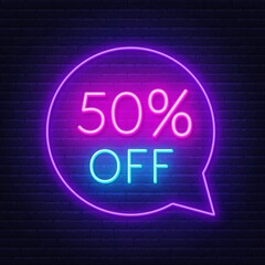 50 percent discount neon sign on brick wall background. Vector illustration