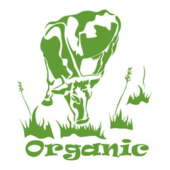 Silhouette of a cow, grass, the inscription Organic. Logo for a natural product, for the dairy and meat business, for a store, for a bazaar. Vector illustration.