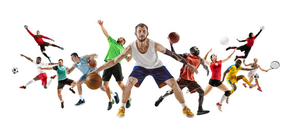 Fototapeta na wymiar Sport collage of professional athletes or players isolated on white background, flyer. Made of different photos of 10 models. Concept of motion, action, power, target and achievements, healthy, active