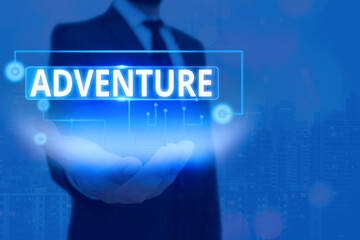 Text sign showing Adventure. Business photo text enterprise involving financial risk, danger and unknown risks Information digital technology network connection infographic elements icon