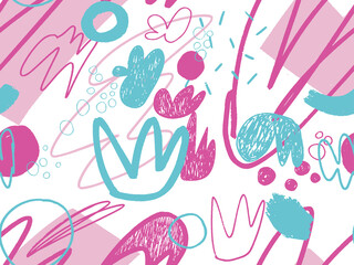 Seamless abstract doodle background pattern in bright summer positive colors. Hand-drawn abstract pattern with randomly arranged spots and dots and lines. Pencil and paint texture.