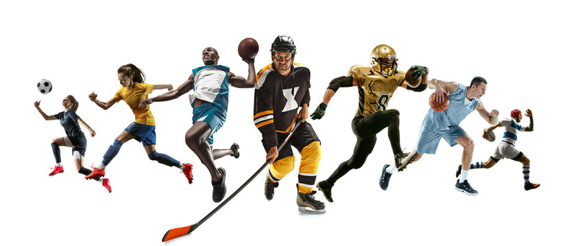 Sport collage of professional athletes or players isolated on white background, flyer. Made of different photos of 6 models. Concept of motion, action, power, target and achievements, healthy, active