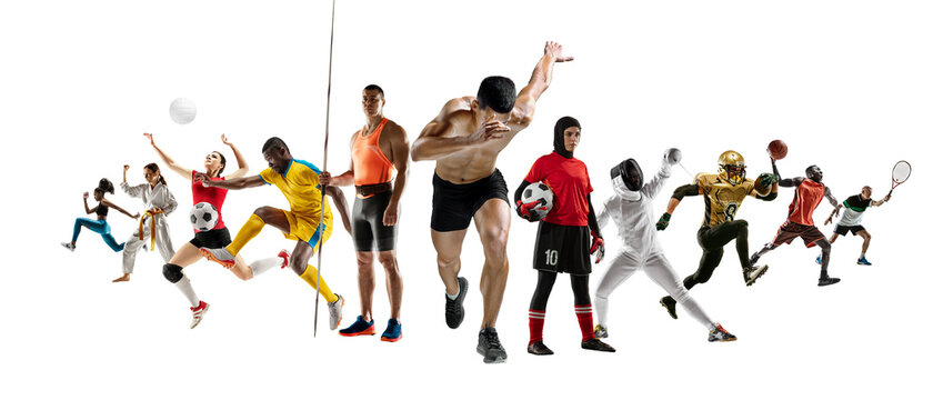 Sport collage of professional athletes or players isolated on white background, flyer. Made of different photos of 11 models. Concept of motion, action, power, target and achievements, healthy, active