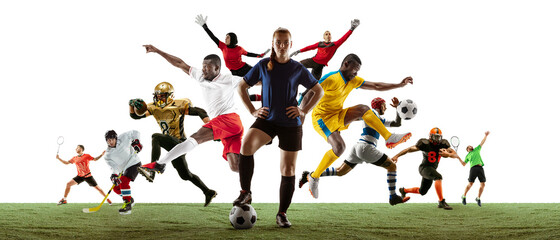 Sport collage of professional athletes or players isolated on white background, flyer. Made of different photos of 10 models. Concept of motion, action, power, target and achievements, healthy, active