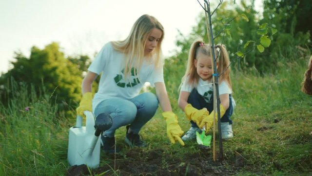 Close up happy family with dog plant tree care green garden man environment agriculture planet ecology teamwork gardening slow motion