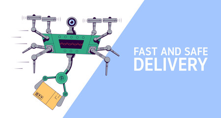 Safe Delivery service concept. Flying Drone holding box. Air Delivery. Delivery drone with cargo. Flat Vector illustration