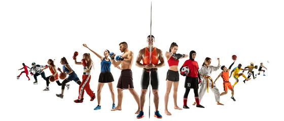 Sport collage of professional athletes or players isolated on white background, flyer. Made of...