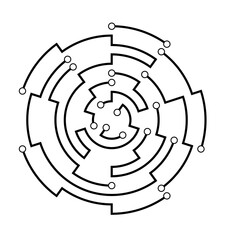 Circuit board circular frame. Abstract connection ring. Futuristic motherboard scheme. Black and white technology structure design element. High tech circuit round diagram. Vector Illustration.