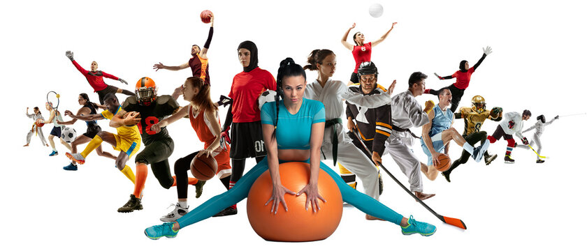 Sport collage of professional athletes or players isolated on white background, flyer. Made of different photos of 17 models. Concept of motion, action, power, target and achievements, healthy, active