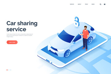 Naklejka premium Car sharing service isometric illustration. A man with smartphone standing next to a carsharing auto. Vehicle rental via mobile app. City transport. Design element for your business.