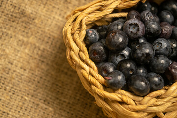 Blueberry in a wicker basket on a background of homespun fabric with a rough texture. Close up.