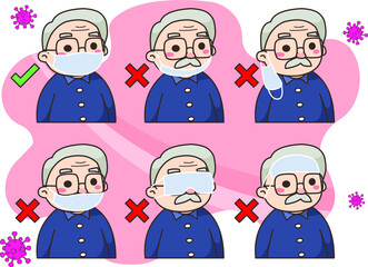 Grandpa shows correct way to wear the mask for corona virus protection (with outlines)