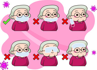 Grandma shows correct way to wear the mask for corona virus protection (with outlines)