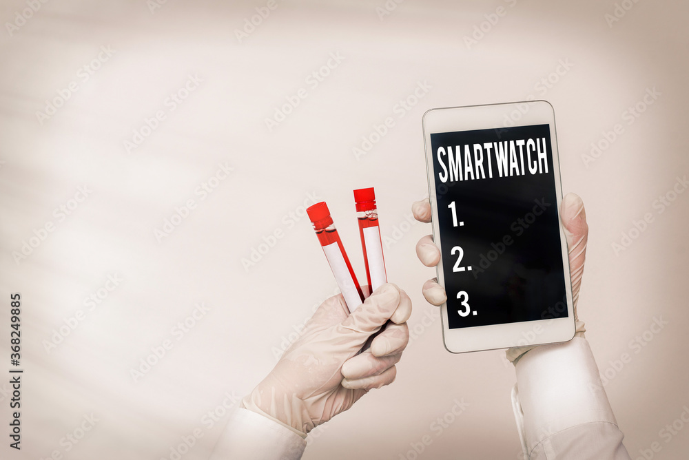Poster handwriting text writing smartwatch. conceptual photo mobile device with touchscreen display, to be 