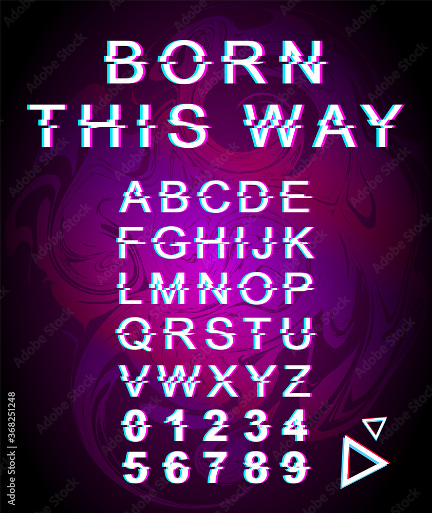 Poster born this way glitch font template. retro futuristic style vector alphabet set on violet background.