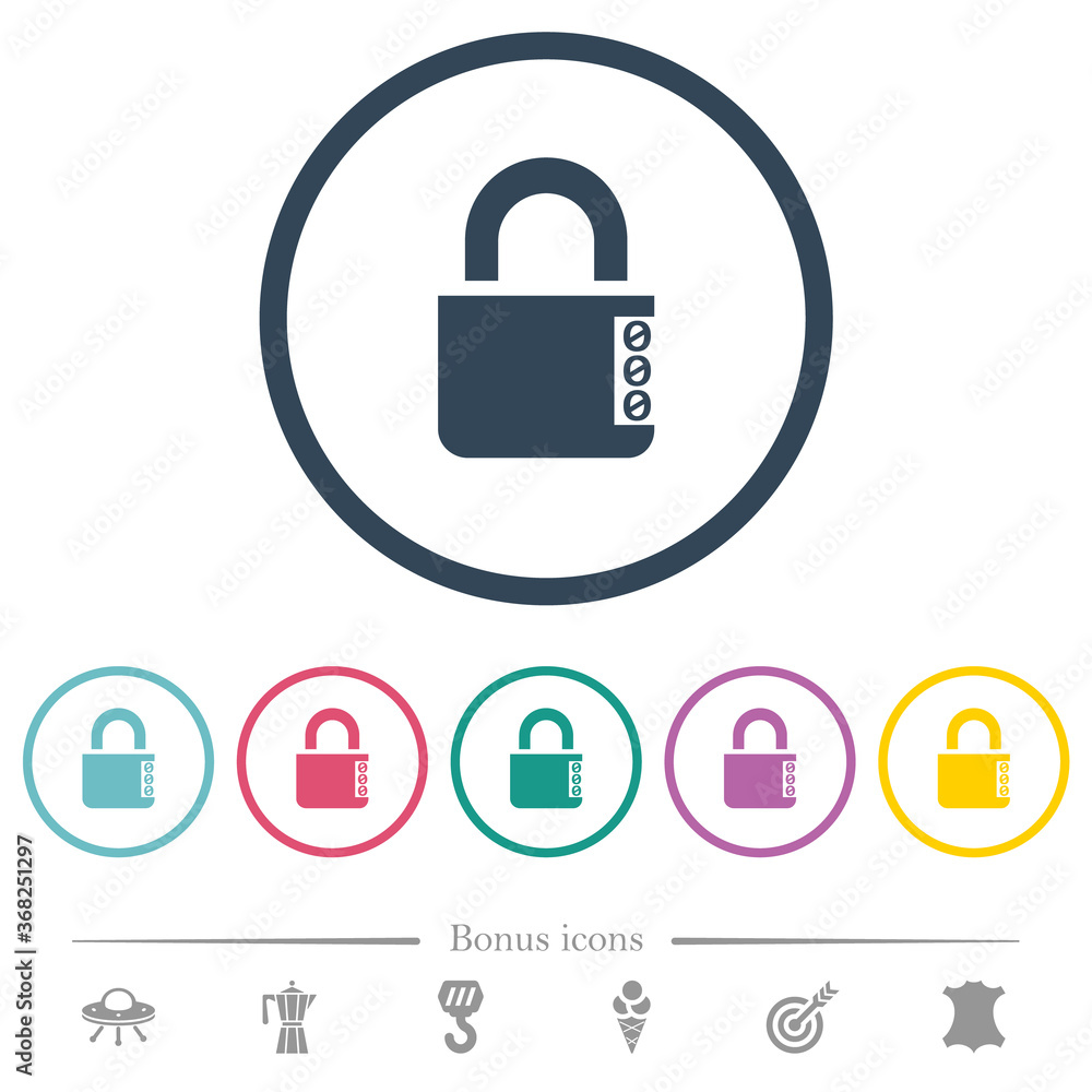 Poster locked combination lock with side numbers flat color icons in round outlines