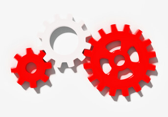 Two red and one white connecting gear cogs of various sizes in motion blur isolated on white background; modern business teamwork concept; flat lay, close up, top view; 3d rendering, 3d illustration