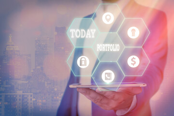 Word writing text Portfolio. Business photo showcasing securities held by an investor, paper held...