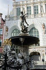 Neptune's Fountain sculpture in the city center, Gdansk, Poland