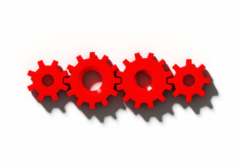 Four red connecting metallic gear cogs of different sizes isolated on white background; flat lay, close up, top view; 3d rendering, 3d illustration