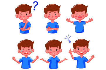 Kid boy with different emotions. Joy, sadness, anger,  funny, thinking, smile. Set. Isolated illustration on white background. Vector. Cartoon. Flat. Face expression