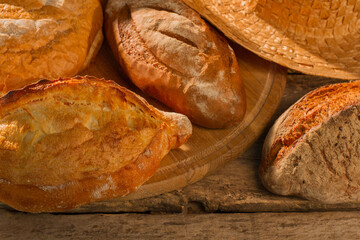 Fresh bakery products background. Crusty artisan bread. Healthy food concept.