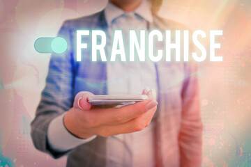 Text sign showing Franchise. Business photo showcasing right or license granted to an individual or...