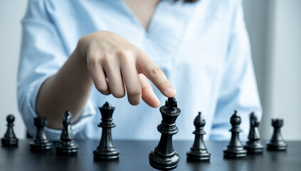 hand move chess with strategy and tactic to win enemy, play battle on board game, business...