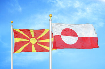 North Macedonia and Greenland two flags on flagpoles and blue sky