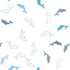 Dark BLUE vector seamless background with dolphins. Decorative design in natural style with sea dolphins. Template for natural magazines.