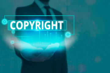 Text sign showing Copyright. Business photo text exclusive legal right to reproduce, publish, sell,...