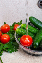 fresh juicy vegetables tomatoes and cucumbers lie in the sink under the tap, hygiene and health washing vegetables